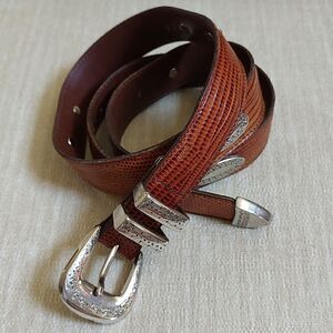 FootJoy Brown Embossed Leather Medallion Studded Men's Belt Silver Buckle & Tip